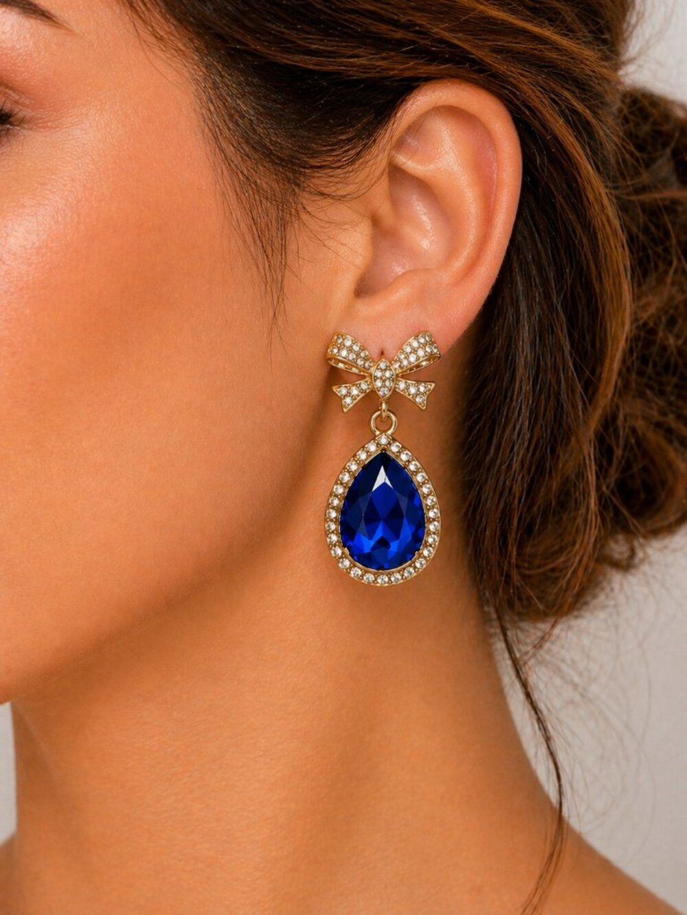 Mint - Gold Bow Rhinestone Drop Earrings Blue Teardrop Statement NWT